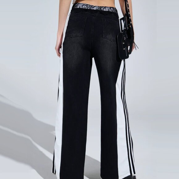 AKIRA Label Sporty And Sweet Black Wash Denim Track Pants - Picture 3 of 4